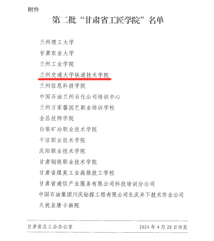 兰州交通大学铁道技术学院获批第二批“甘肃省工匠学院”