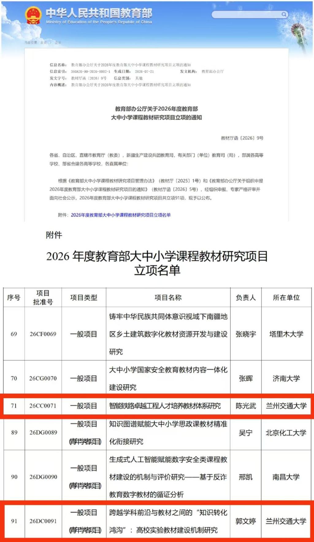 我校2项课题获批2026年度教育部大中小学课程教材研究项目